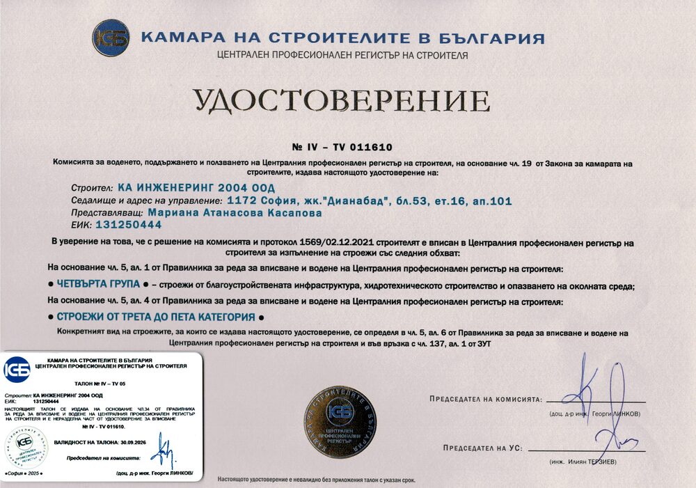 Удостоверение № IV — удостоверение на КА Инженеринг 2004 ООД